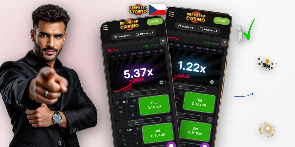 Herní rozhraní Aviator v Beep Beep Casino s multiplikátorem 2.47x a panelem sázek