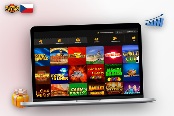 Demo režim slotu v Beep Beep Casino s přehledem volatility a RTP na notebooku