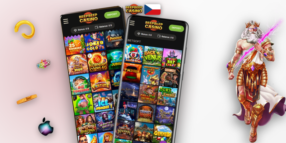 Beep Beep Casino app – herní lobby, živé kasino a sportovní sázky na třech obrazovkách