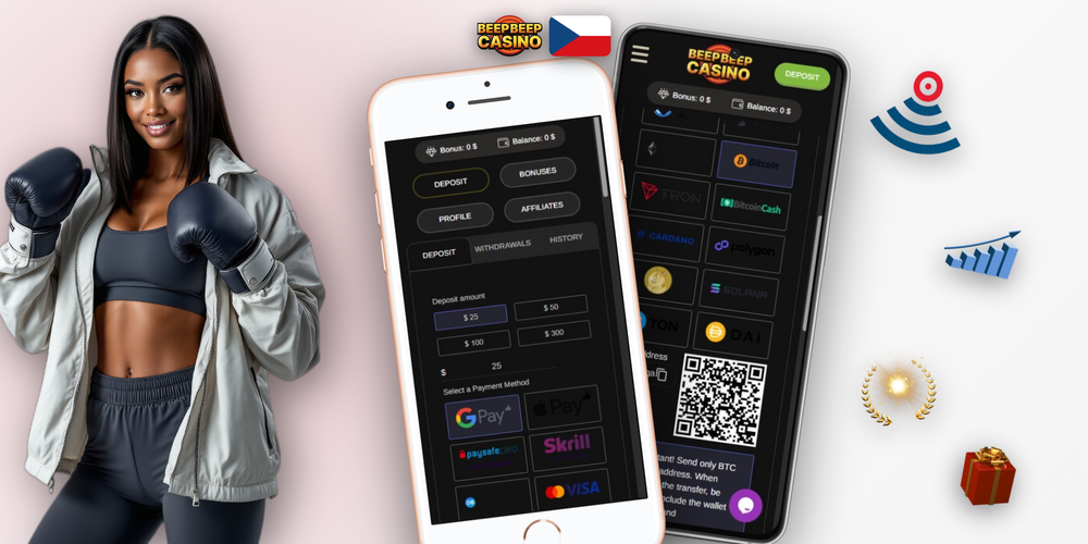 Rozhraní pokladny Beep Beep Casino se záložkou kryptoměn, QR kódem a výpisem coinů