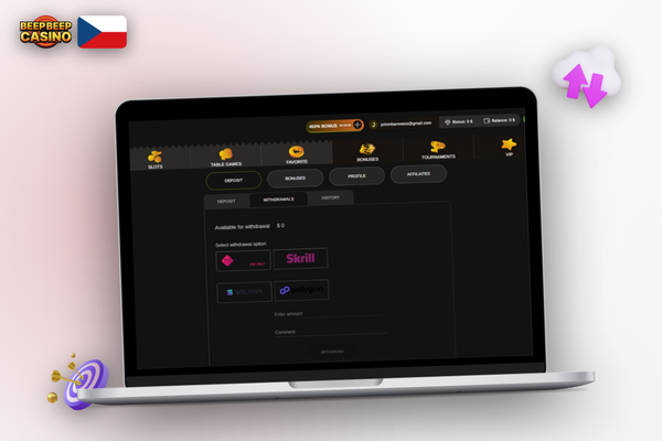 Rozhraní pokladny Beep Beep Casino na notebooku – výběr metody a potvrzení částky v EUR