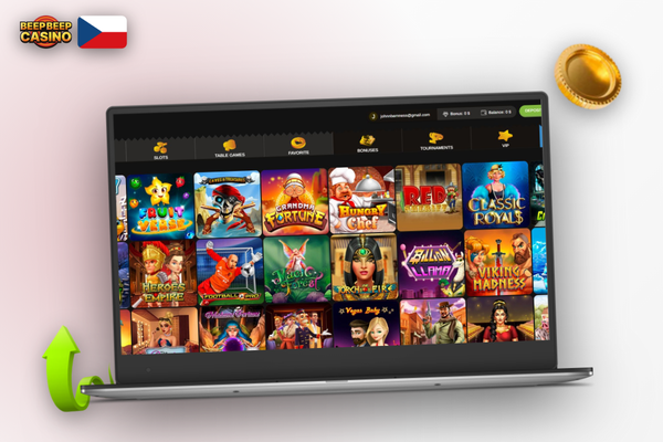 Přihlašovací obrazovka Beep Beep Casino desktop klienta s dlaždicemi herní knihovny v pozadí
