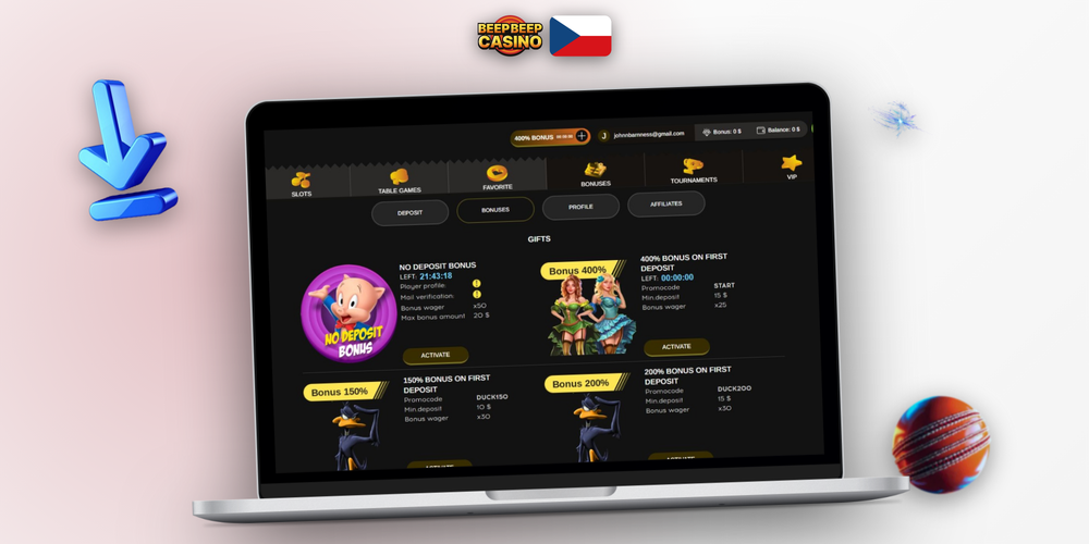 Mobilní a desktopový mockup registračního formuláře Beep Beep Casino s vyplněným polem promo kód DUCK250